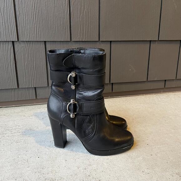 HARLEY DAVIDSON black leather high heel moto boots with silver hardware US 7 - Picture 3 of 8
